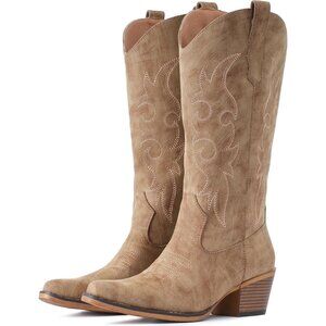 Women's Camel IUV Cowboy Boots for Western Mid Calf Snip Toe Heel Cowgirl Boots